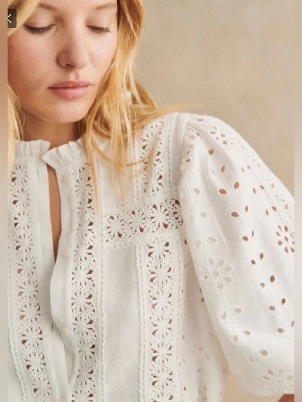 Sezane Athina White Eyelet Lace Puff Sleeve Blouse - Picture 3 of 7